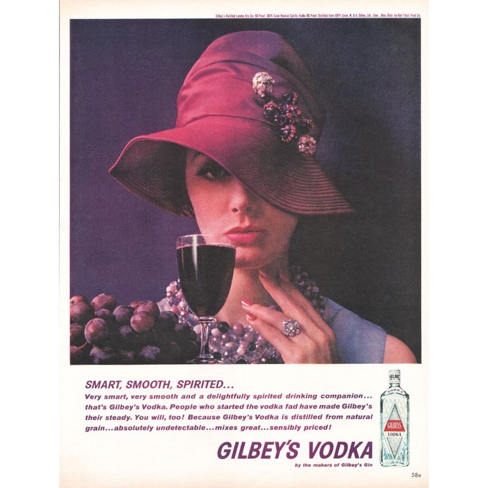 1961 Gilbey's Vodka Vintage Print Ad Woman Purple Dress Hat Grapes Cocktail Art